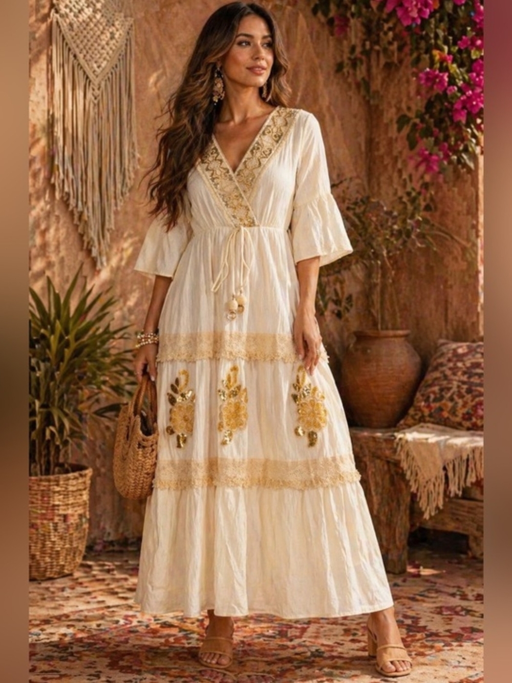 Boho Embroidered V-Neck Maxi Dress - Ivory with Gold Accents